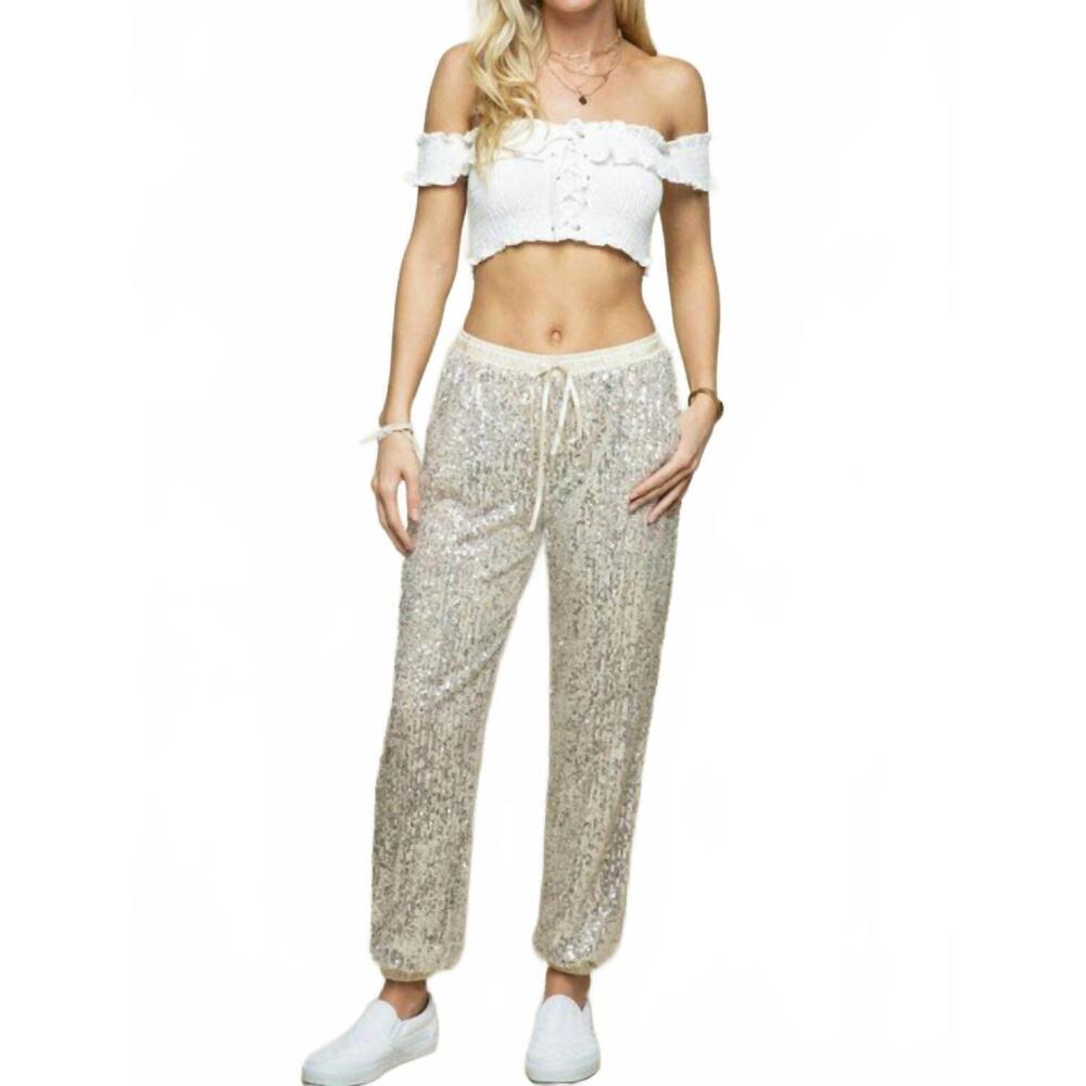NEW LEVEE elastic waist band sequin joggers in champagne
